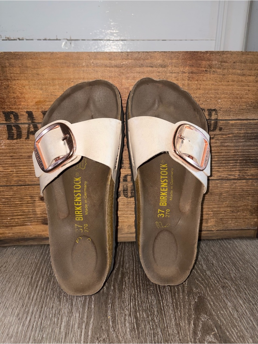 Birkenstock Single Strap Sandals in Pale Pink with Rose Gold Buckles